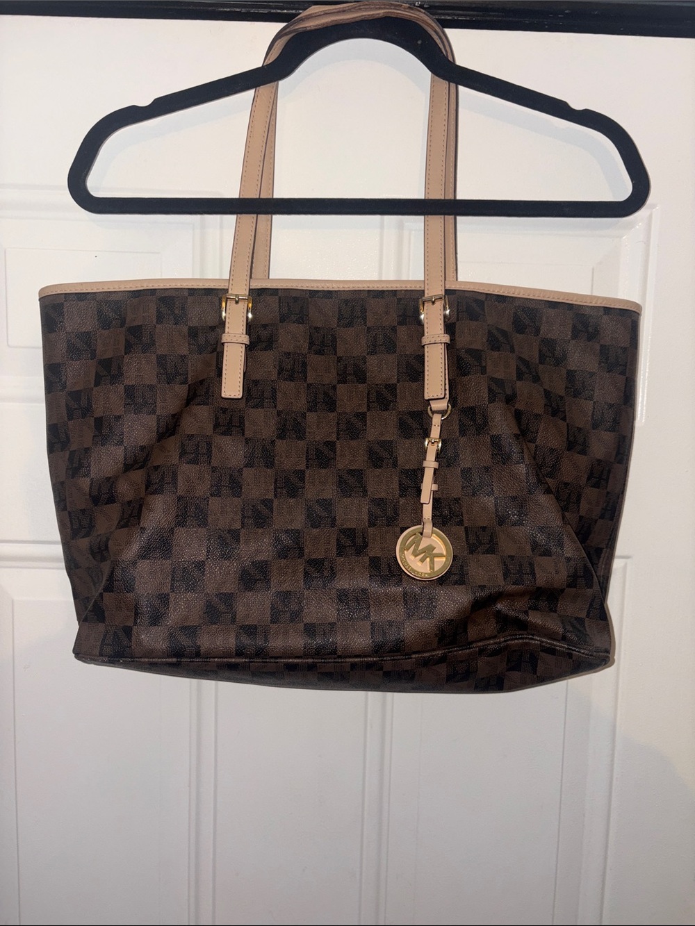Michael Kors Dark Brown Checkered Tote with Gold MK Charm